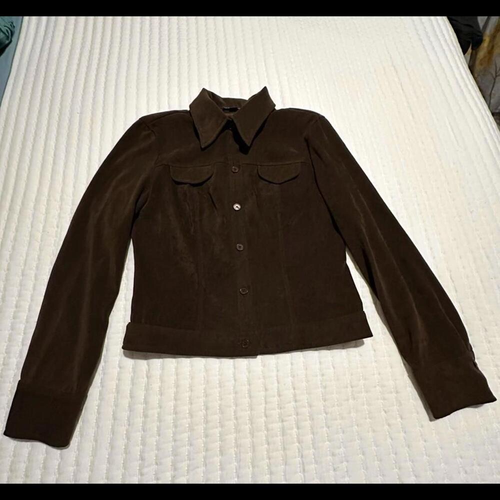 BCBG Maxazria Brown Faux Suede Jacket Collared Button Up Sz M Medium Vintage Y2K